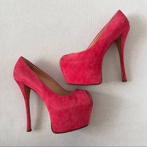 GIUSEPPE ZANOTTI Pink Suede Leather Peep-Toe Platform Heels 38 M